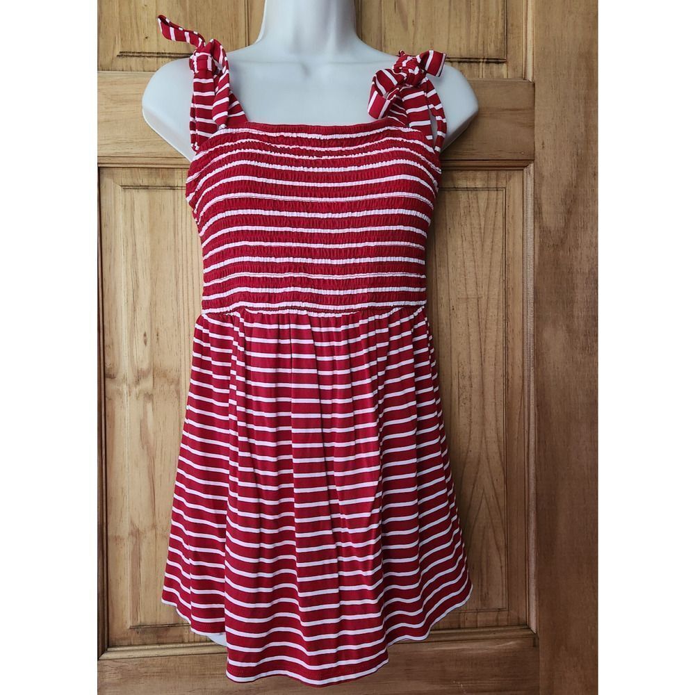 Isabel Maternity Tuni Smocked Tank Top Women Size Medium Red White Stripe
